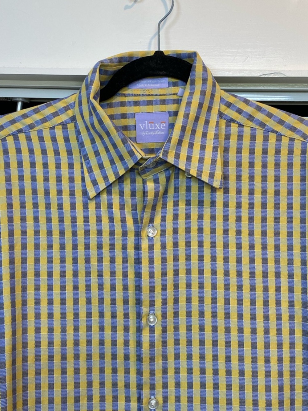 VLUXE Men's size Large 16-16.5 Blue and Yellow Checked Long Sleeve Dress Shirt